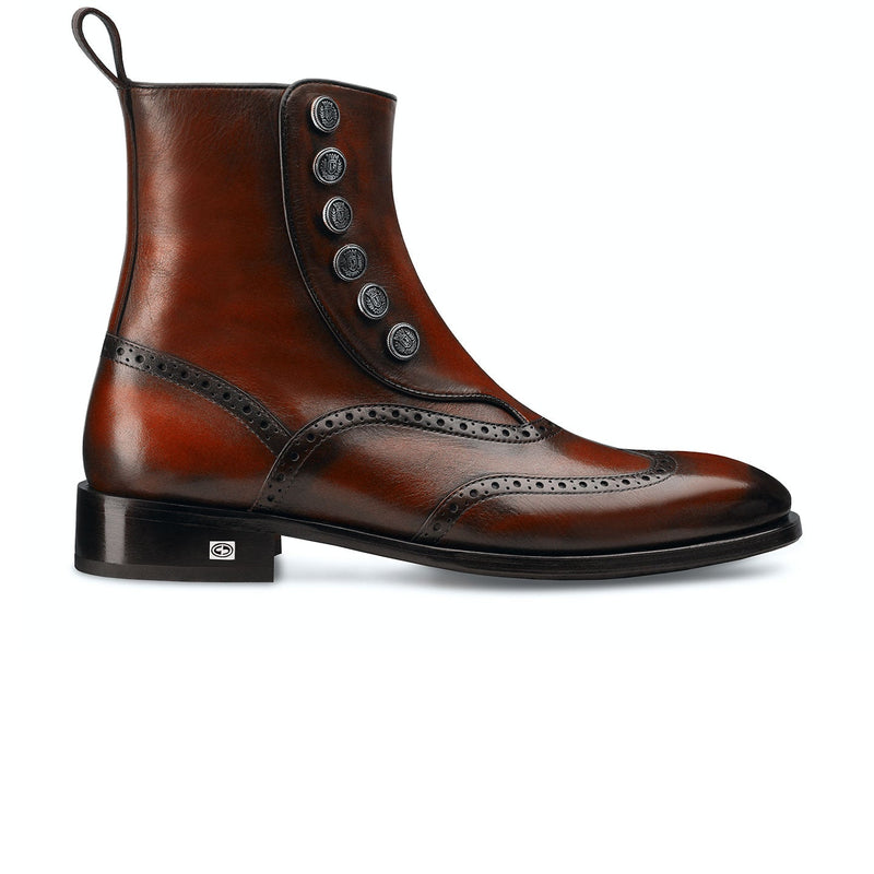 Cognac Leather Brogue Boots with Decorative Buttons