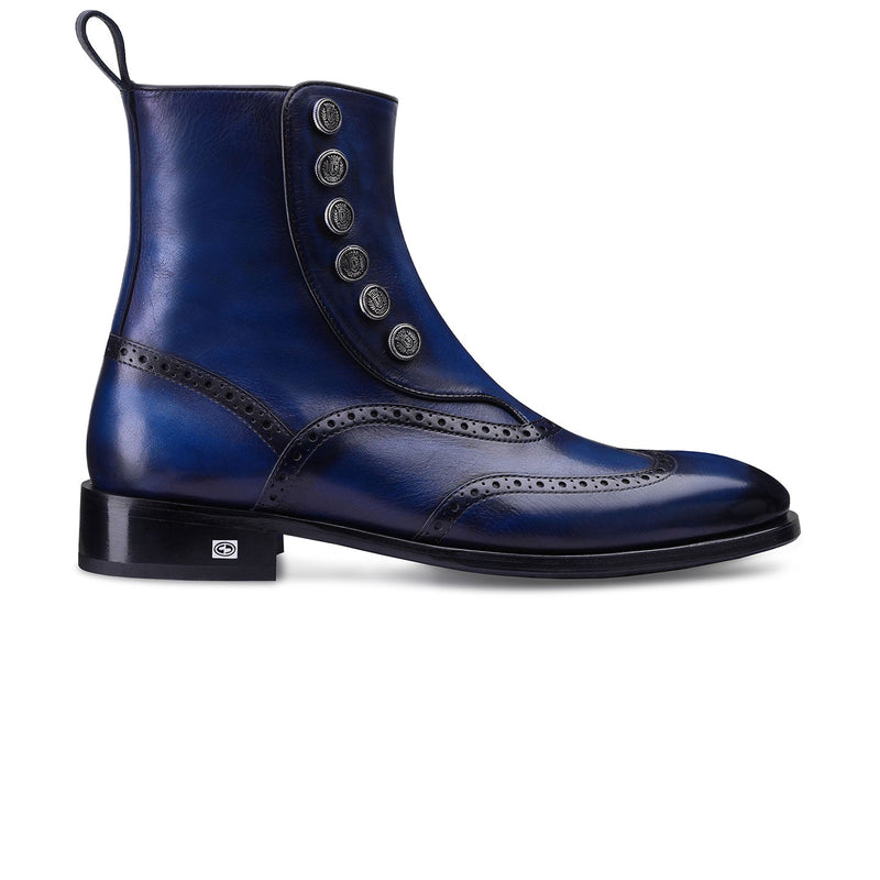 Blue Leather Brogue Boots with Decorative Buttons