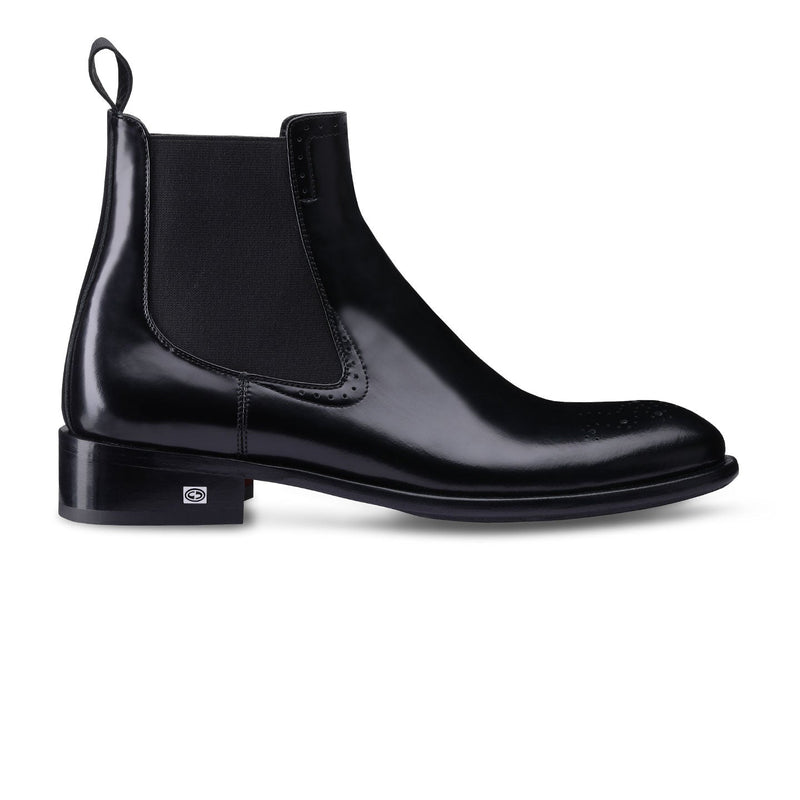 Black Semi-Patent Leather Chelsea Boots with Oxford Patterns