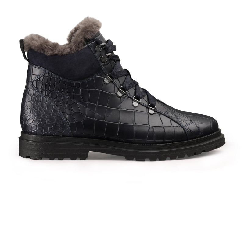 Blue Winter Crocodile-Embossed Leather Boots with Fur Lining