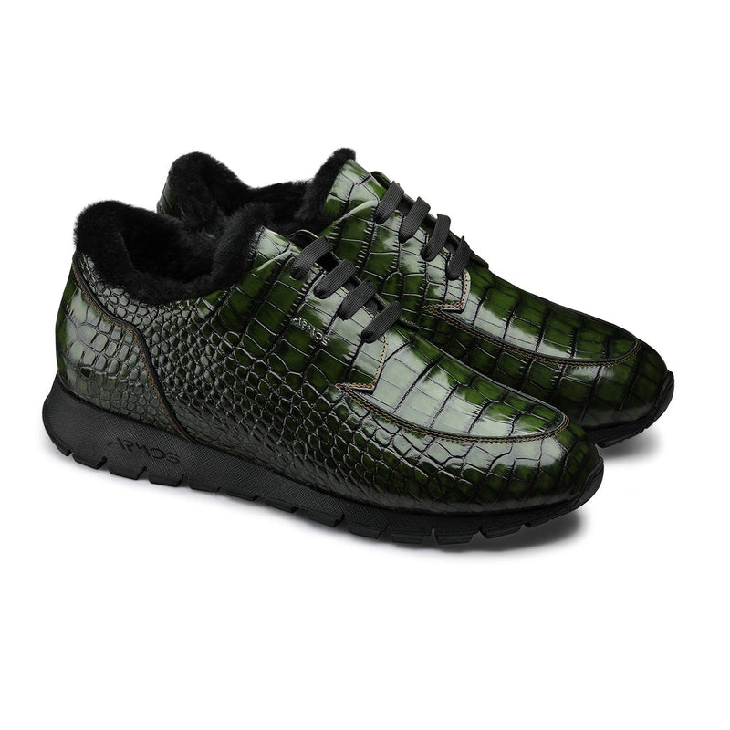 Dark Green Glossy Leather Croc-Print Insulated Sneakers