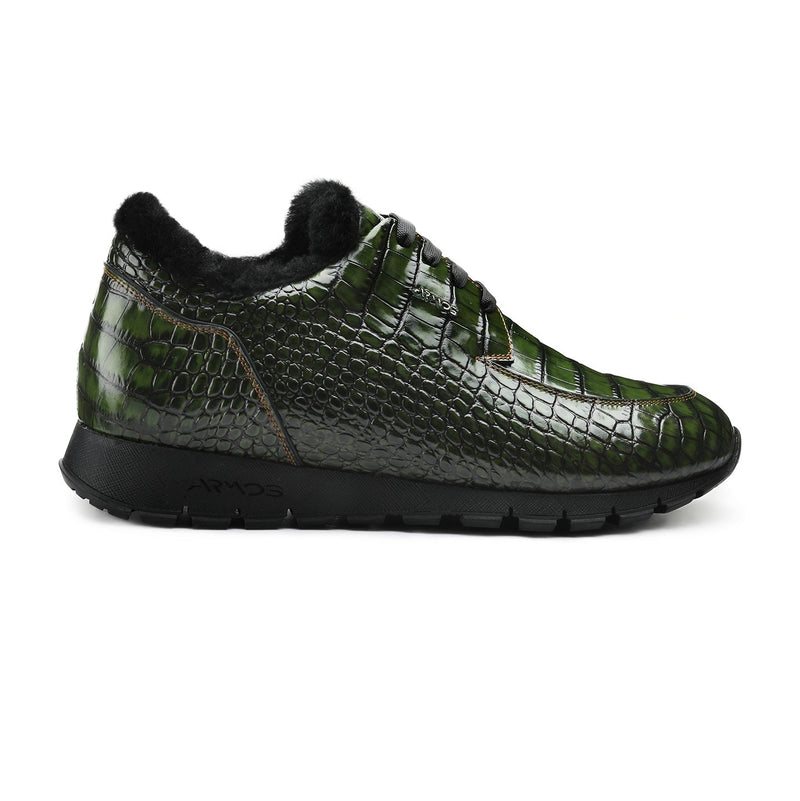 Dark Green Glossy Leather Croc-Print Insulated Sneakers