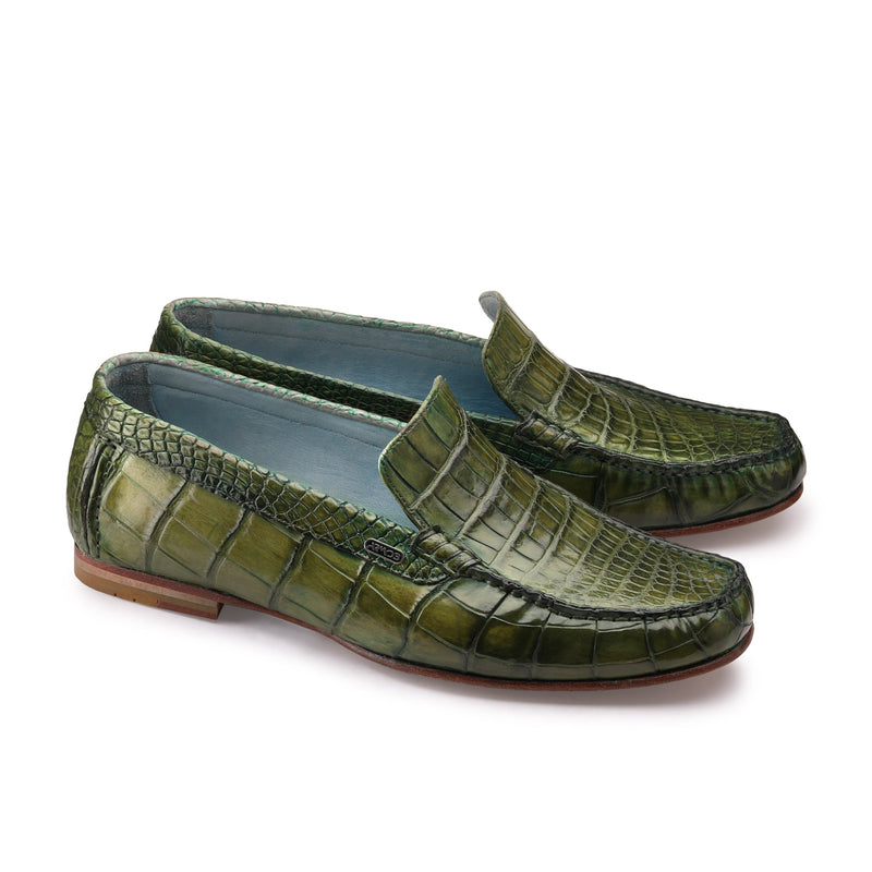 Olivine leather moccasins