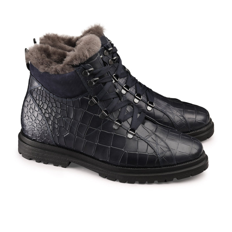 Blue Winter Crocodile-Embossed Leather Boots with Fur Lining