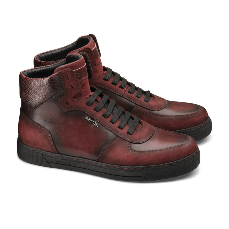 Burgundy Patina-Effect Nubuck and Leather Boots