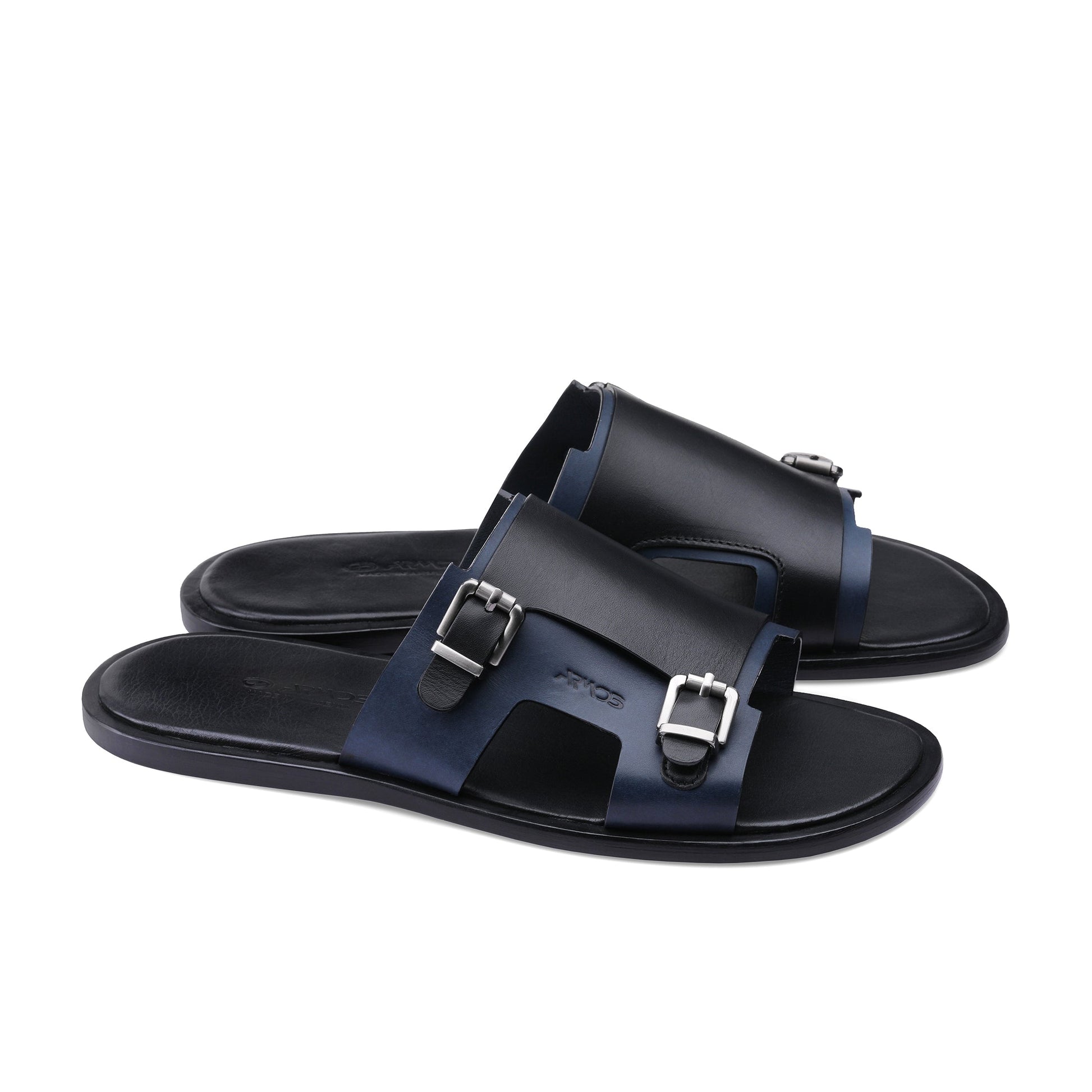 Black and blue flip flops