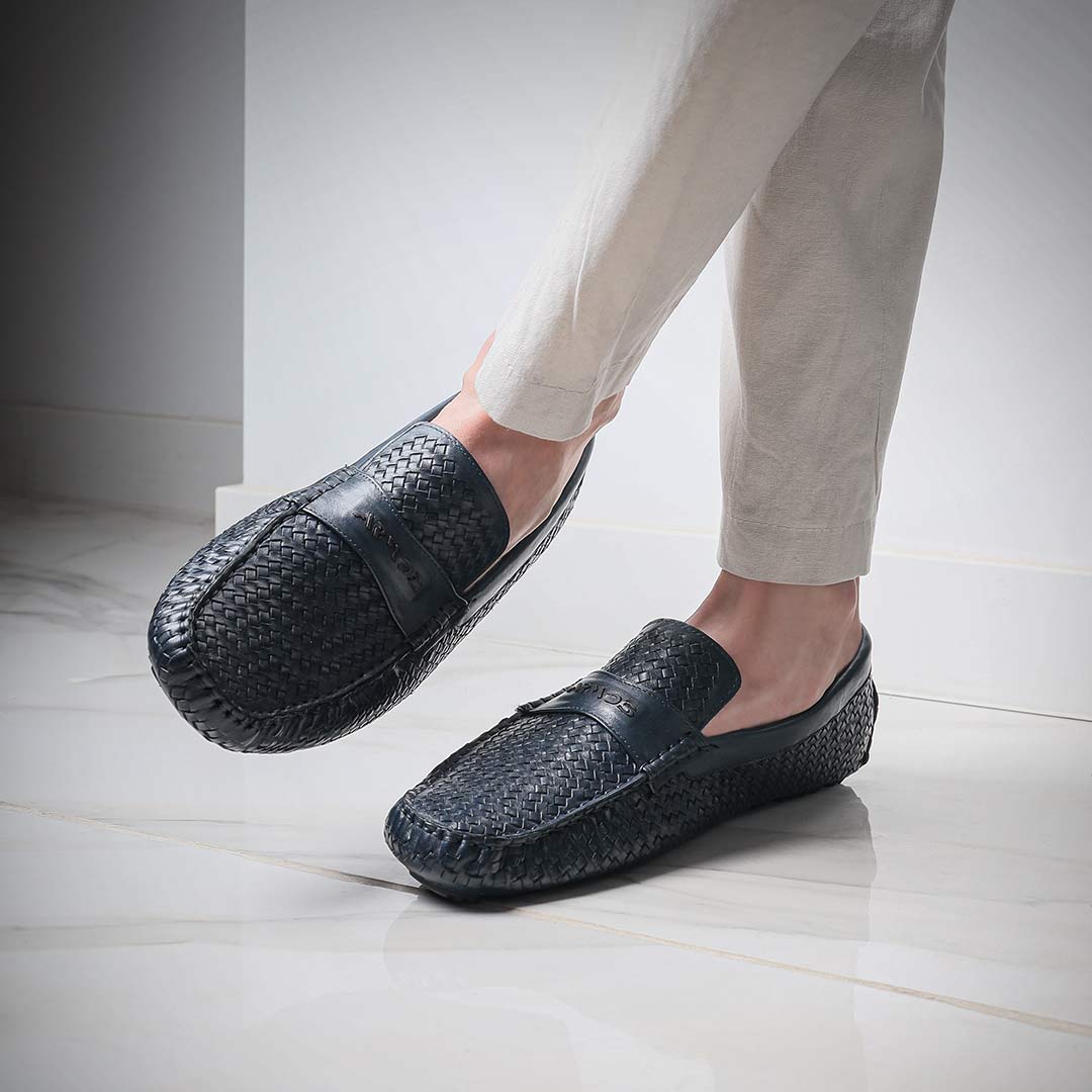 Blue woven moccasins