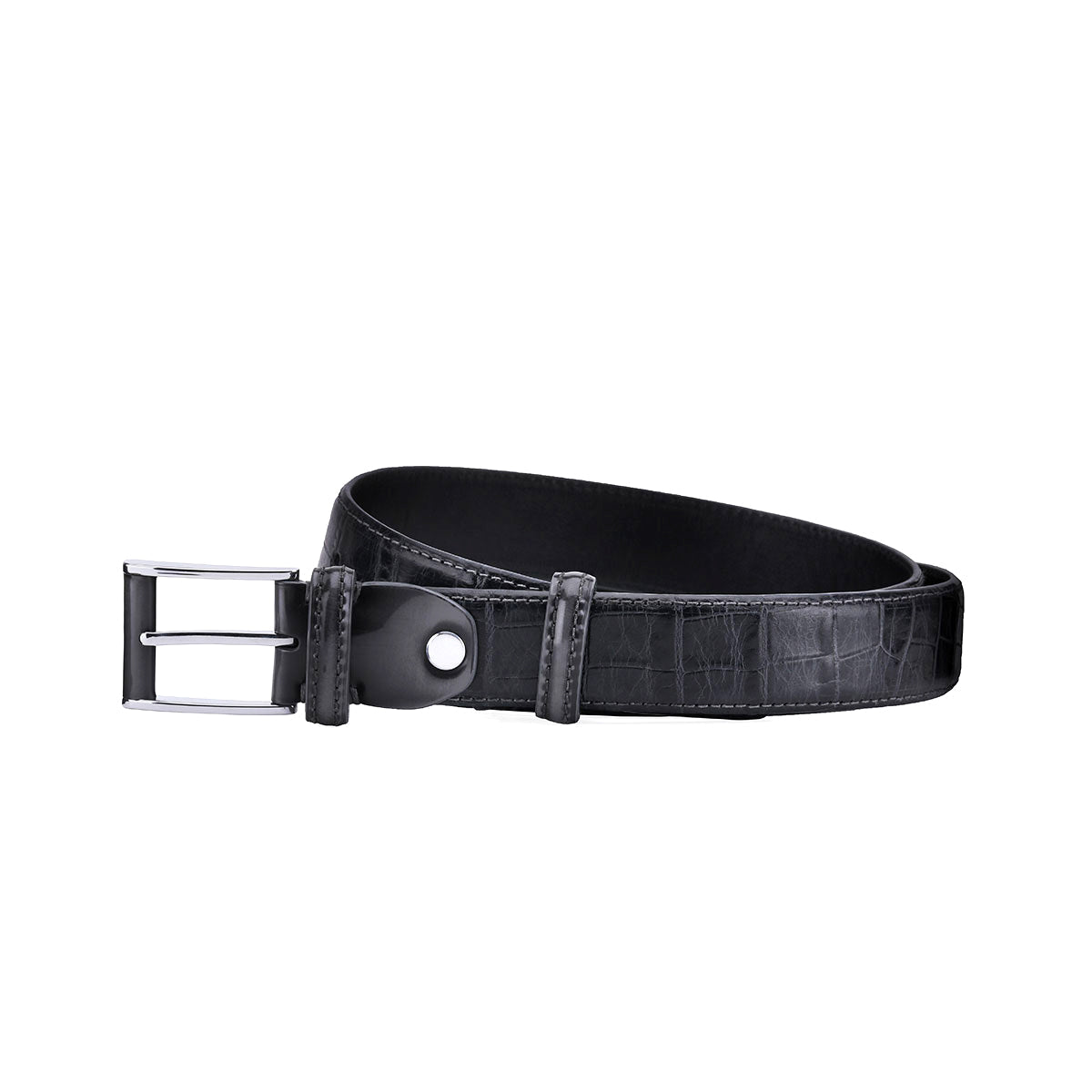 Black leather belt with gray tone