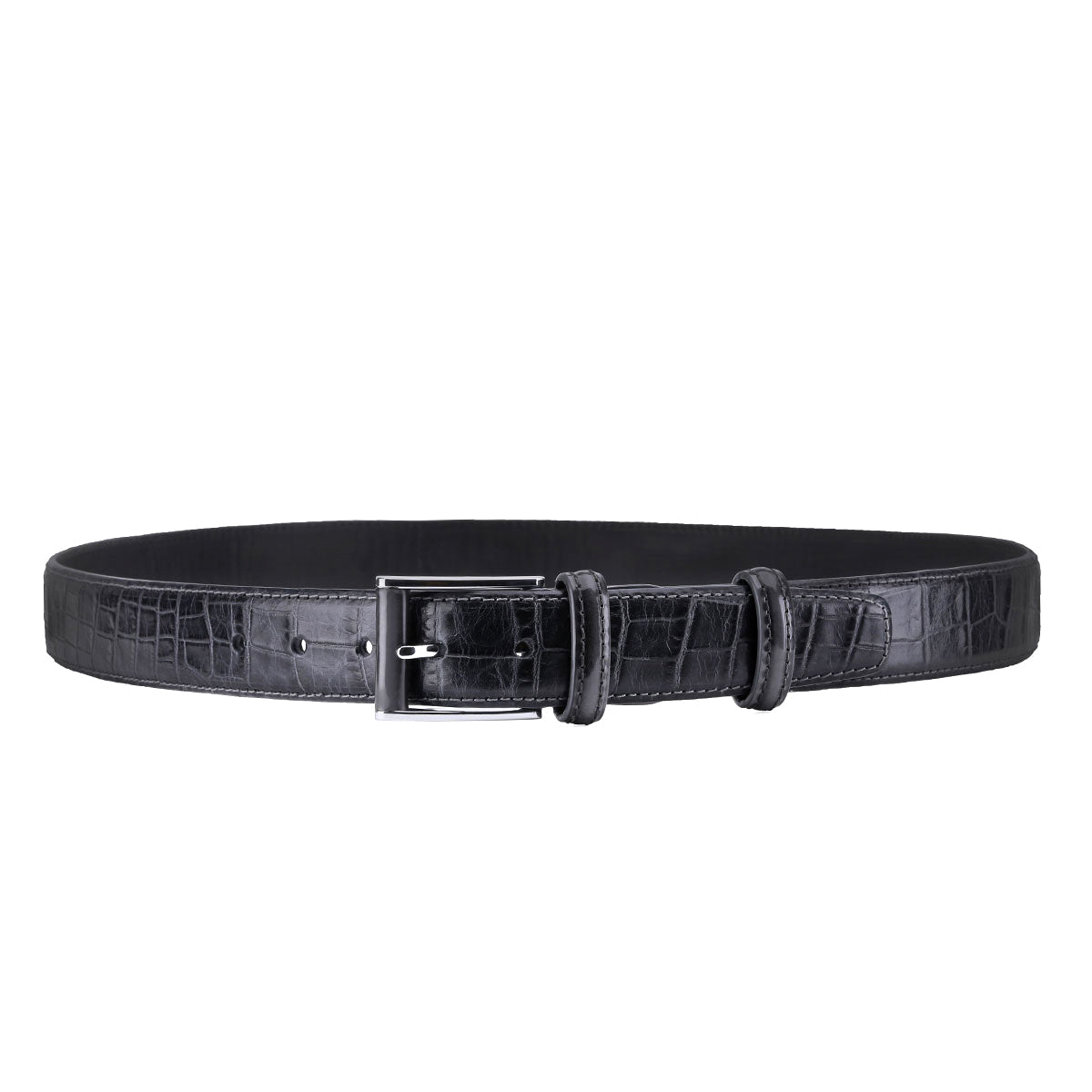 Black leather belt with gray tone